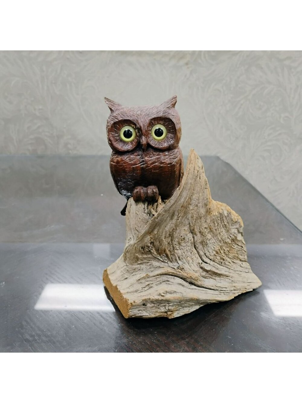 Vintage Hand Carved Wood Owl w Glass Eyes George Fulton Driftwood Bird Sculpture
